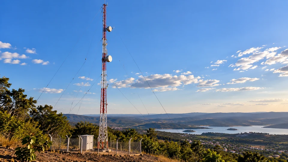 Ilustração de torre de telecomunicações estaiada em uma paisagem rural